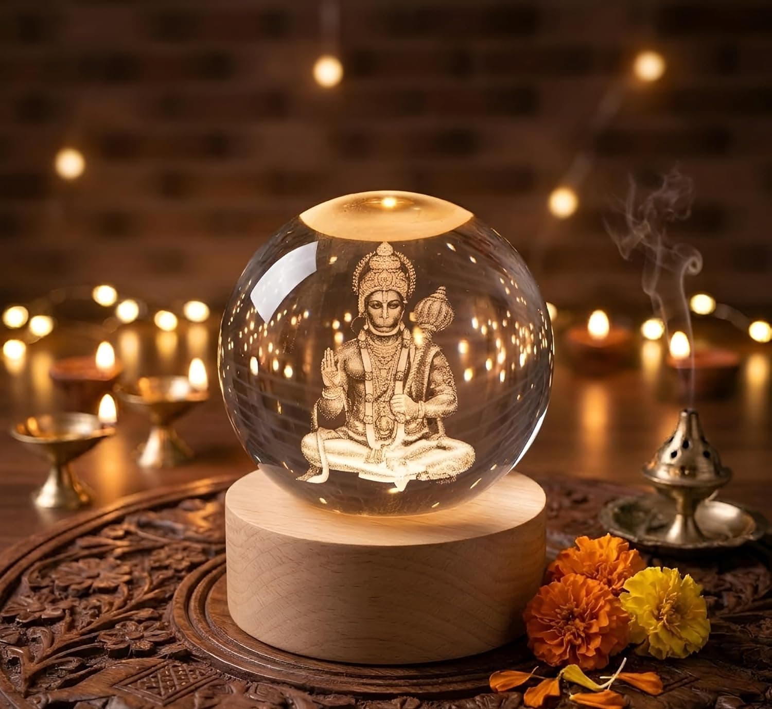 Sajha Cart Gift Shop | 3D Hanuman Ji Crystal Ball LED Night Lamp with Wooden USB Base | Spiritual Home Decor | Decorative Table Lamp