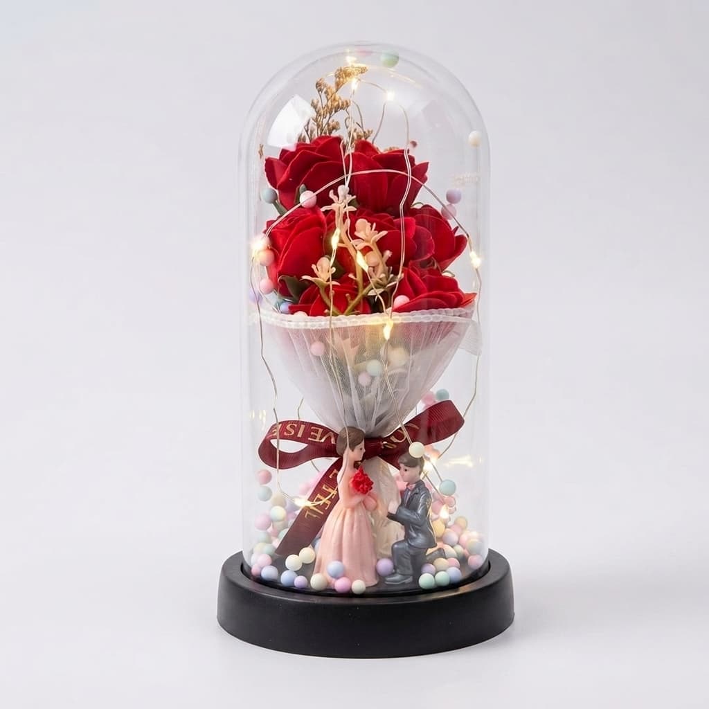 Romantic LED Red Rose in Glass Dome with Couple Figurine Anniversary Valentine Gift Sajha Cart Gift Shop
