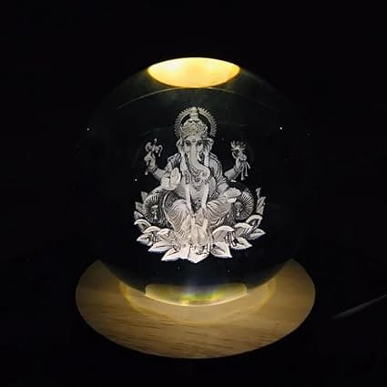 Sajha Cart Giift Shop Lord Ganesha Crystal Ball LED Night Lamp with Wooden Base | Gift for Home, Office & Festivals