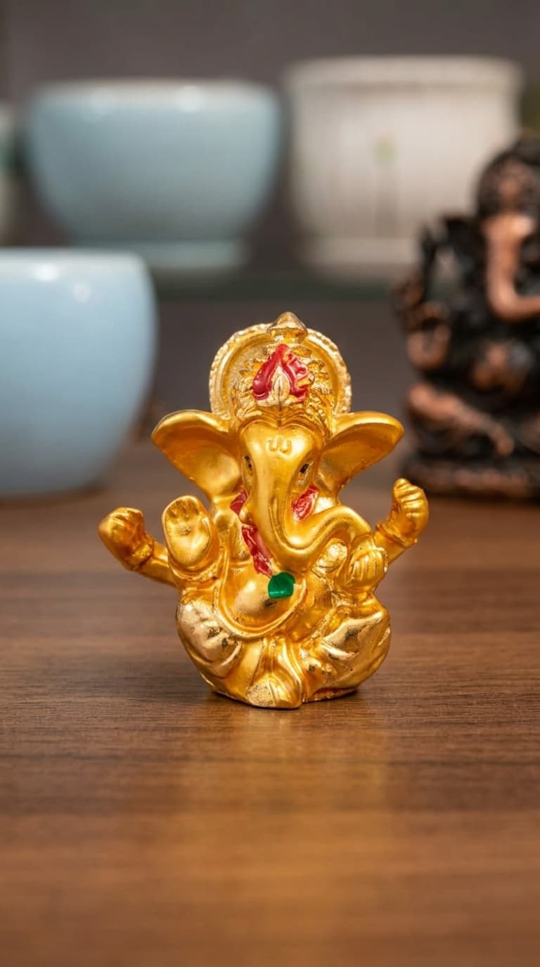 Mini Golden Lord Ganesha Idol Statue – Ganesh Murti for Car Dashboard, Home Temple, Office Desk & Spiritual Gift | Sajha Cart Gift Shop