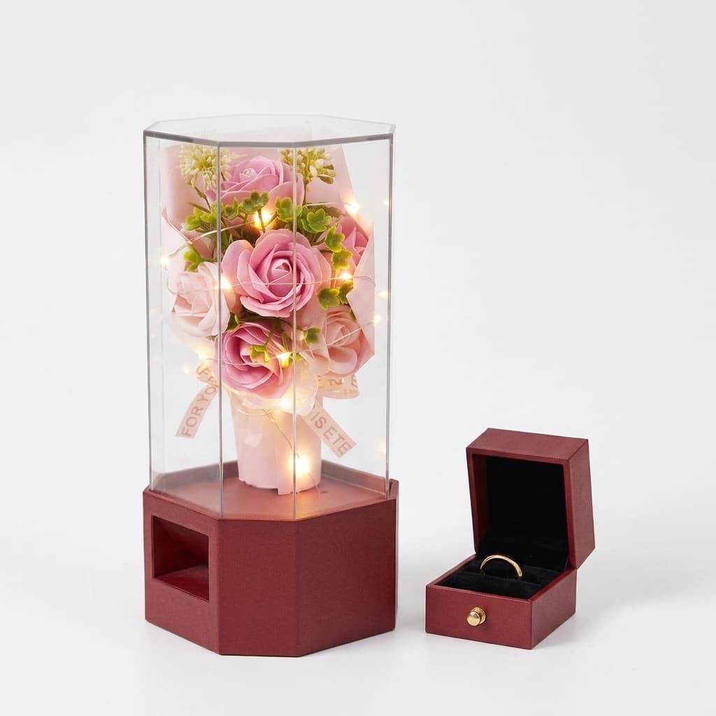 Pink Rose LED Music Lamp with Locket & Ring Gift Box Romantic Floral Decorative Showpiece for Wife, Girlfriend & Special Occasions  Sajha Cart Gift Shop