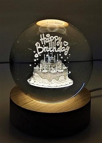 3D Crystal Ball Happy Birthday Design Night Lamp with Wooden LED Base – Laser Engraved Crystal Birthday Gift & Home Decor | Sajha Cart Gift Shop