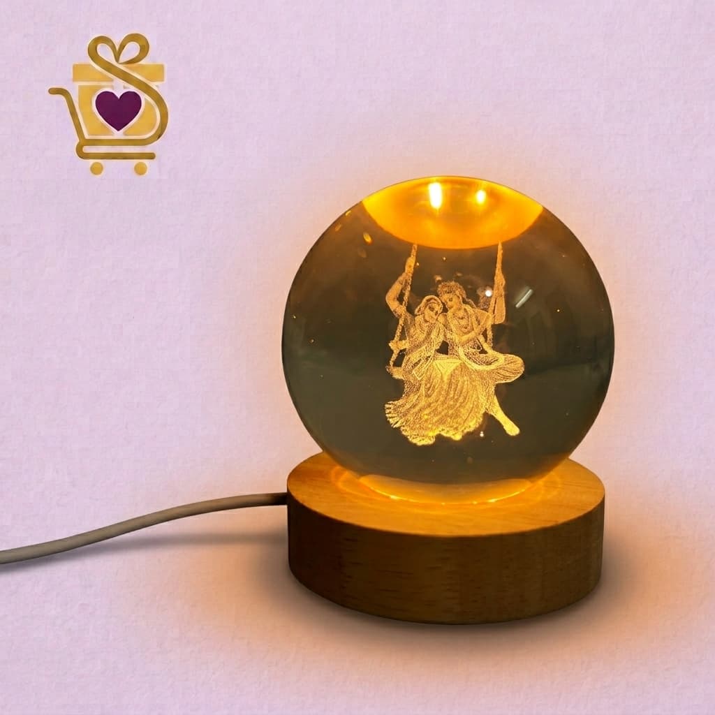 Crystal Ball Radha Krishna Night Lamp | Wooden LED Base | Home Decoration Gift