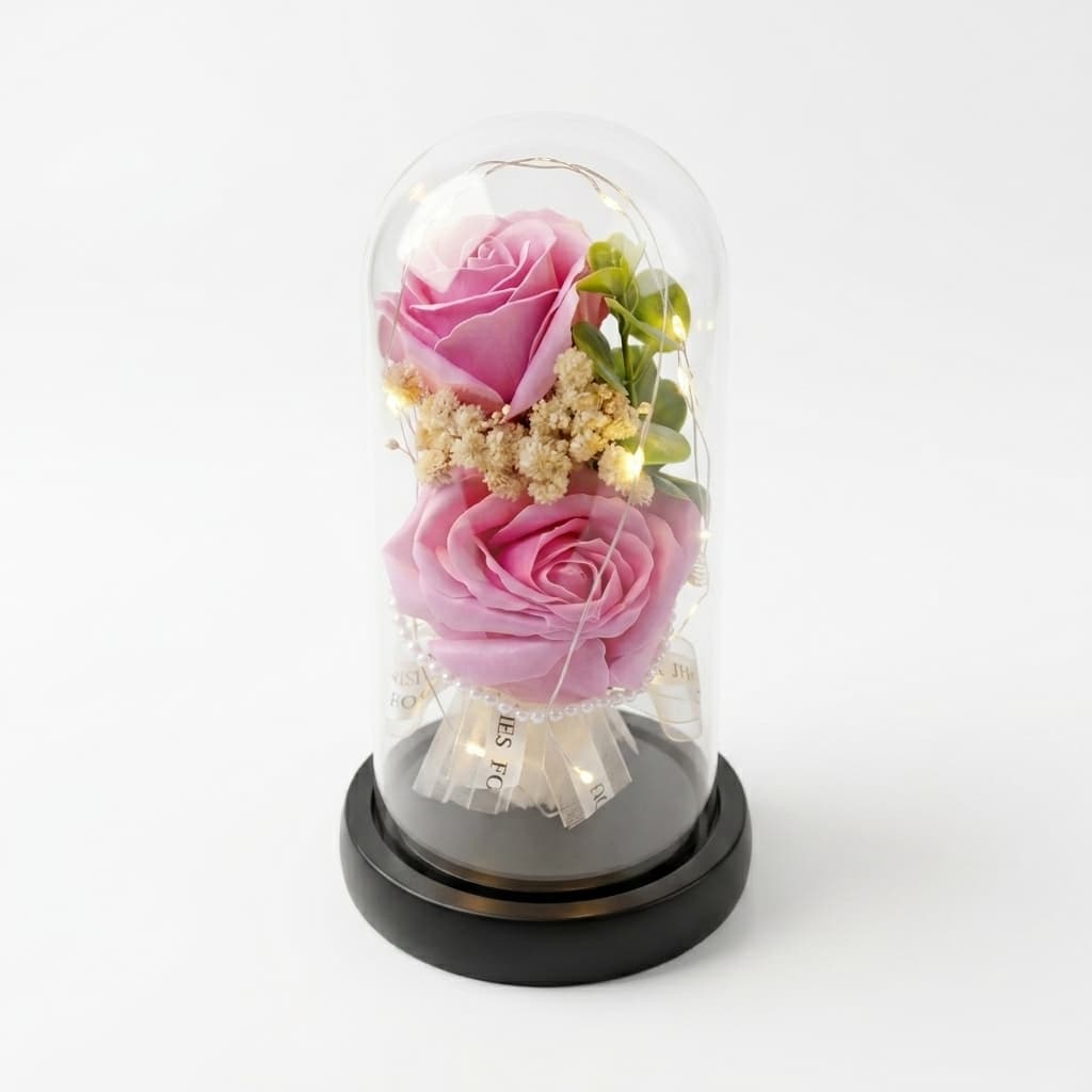 Pink Rose Flower Gift with LED Lights Under Glass Dome – Romantic Decorative Showpiece & Gift for Women  Sajha Cart Gift Shop