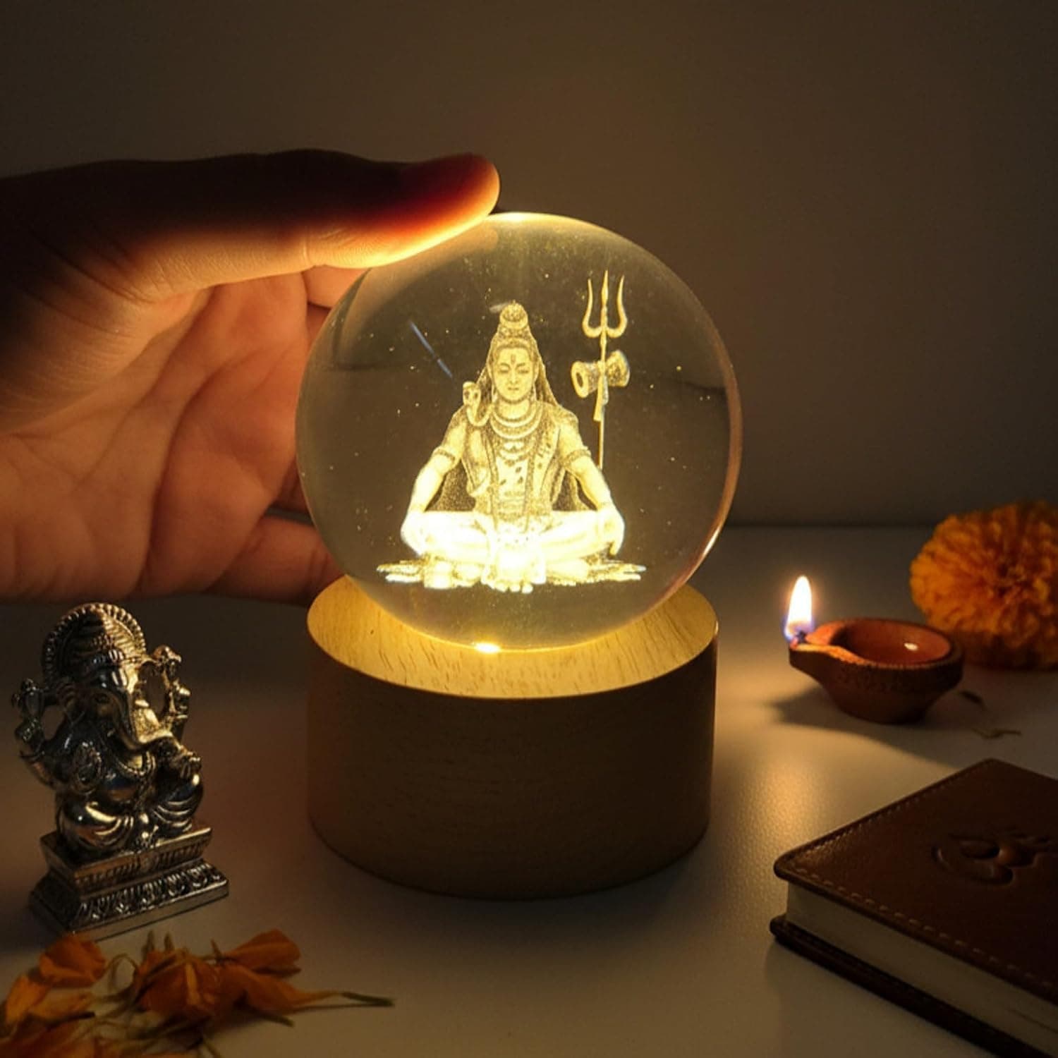 Sajha Cart Gift Shop Lord Shiva Crystal Ball LED Night Lamp with Wooden Base | Mahadev Glass Crystal Globe | Spiritual Home Decor