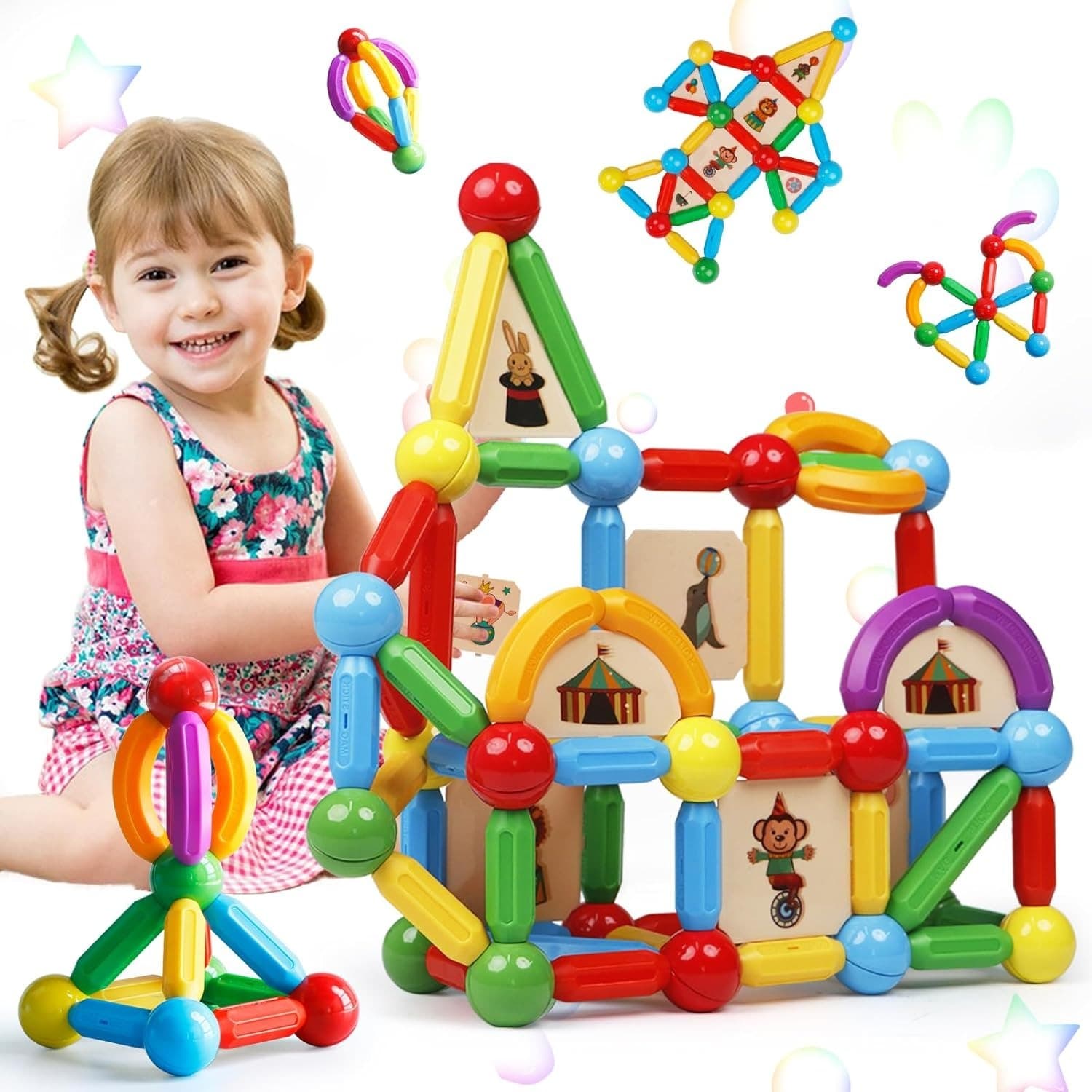 56-Piece Magnetic STEM Construction Kit | 3D Puzzle Building Toys for Kids | Bars & Balls Educational Set