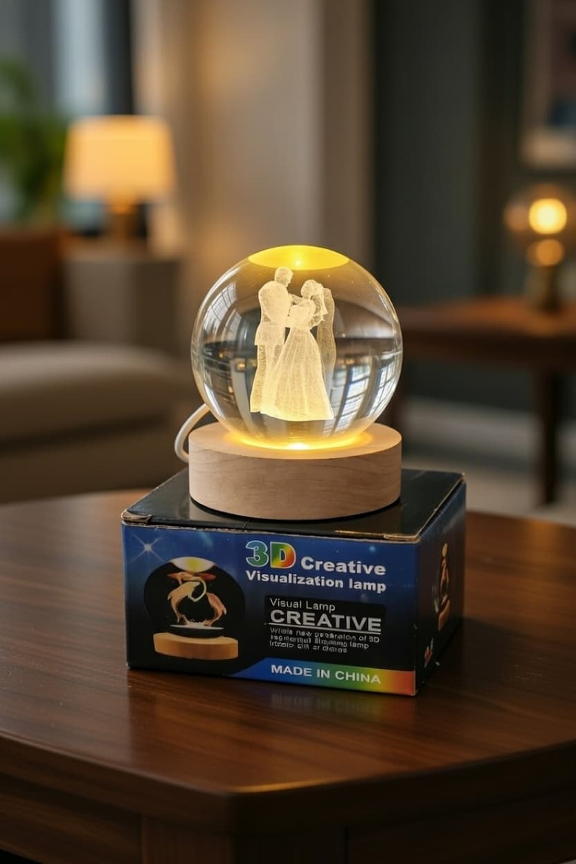 3D Crystal Ball LED Night Lamp | Romantic Couple Design | Wooden Base Table Light