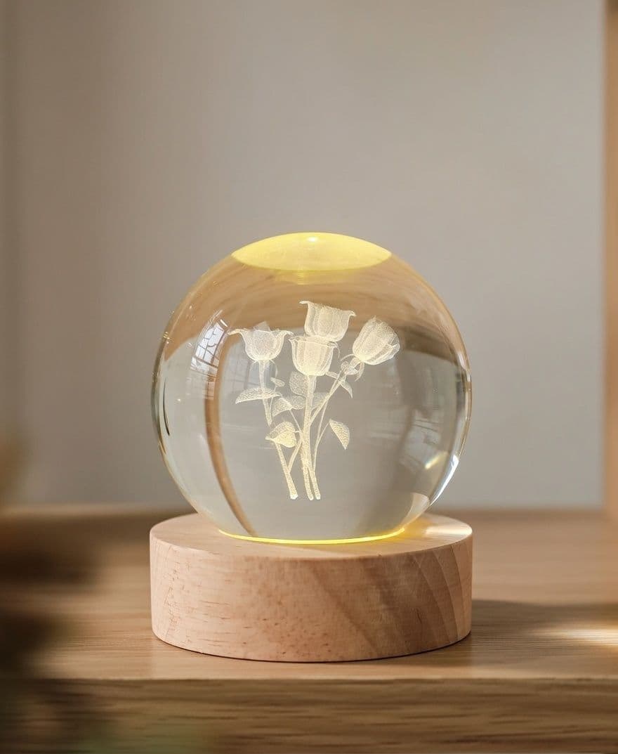 3D Crystal Ball LED Night Lamp with Flower Design and Wooden Base