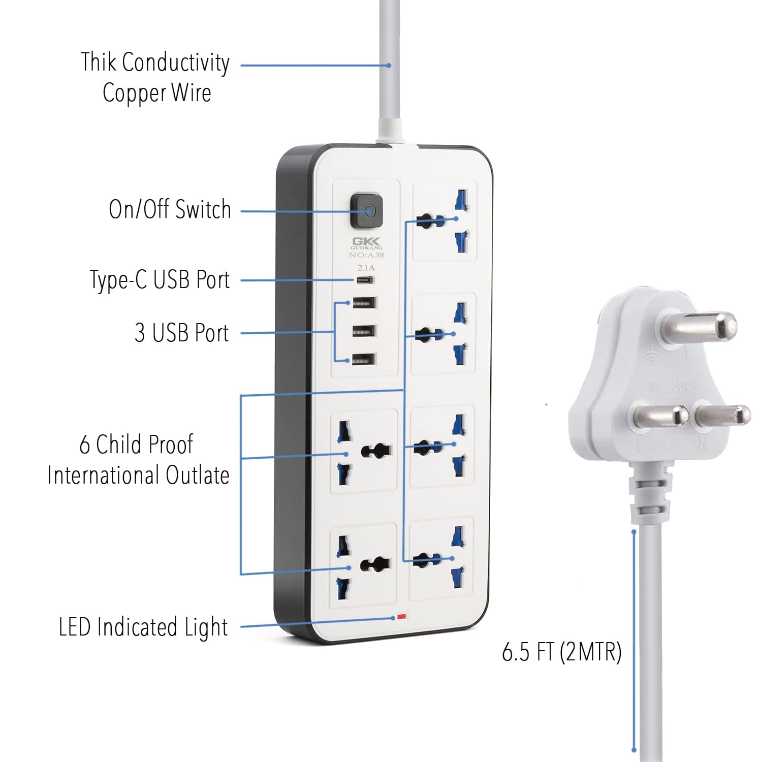 Multi-Functional Power Strip | 2500W Extension Board with USB Fast Charging | Surge Protection