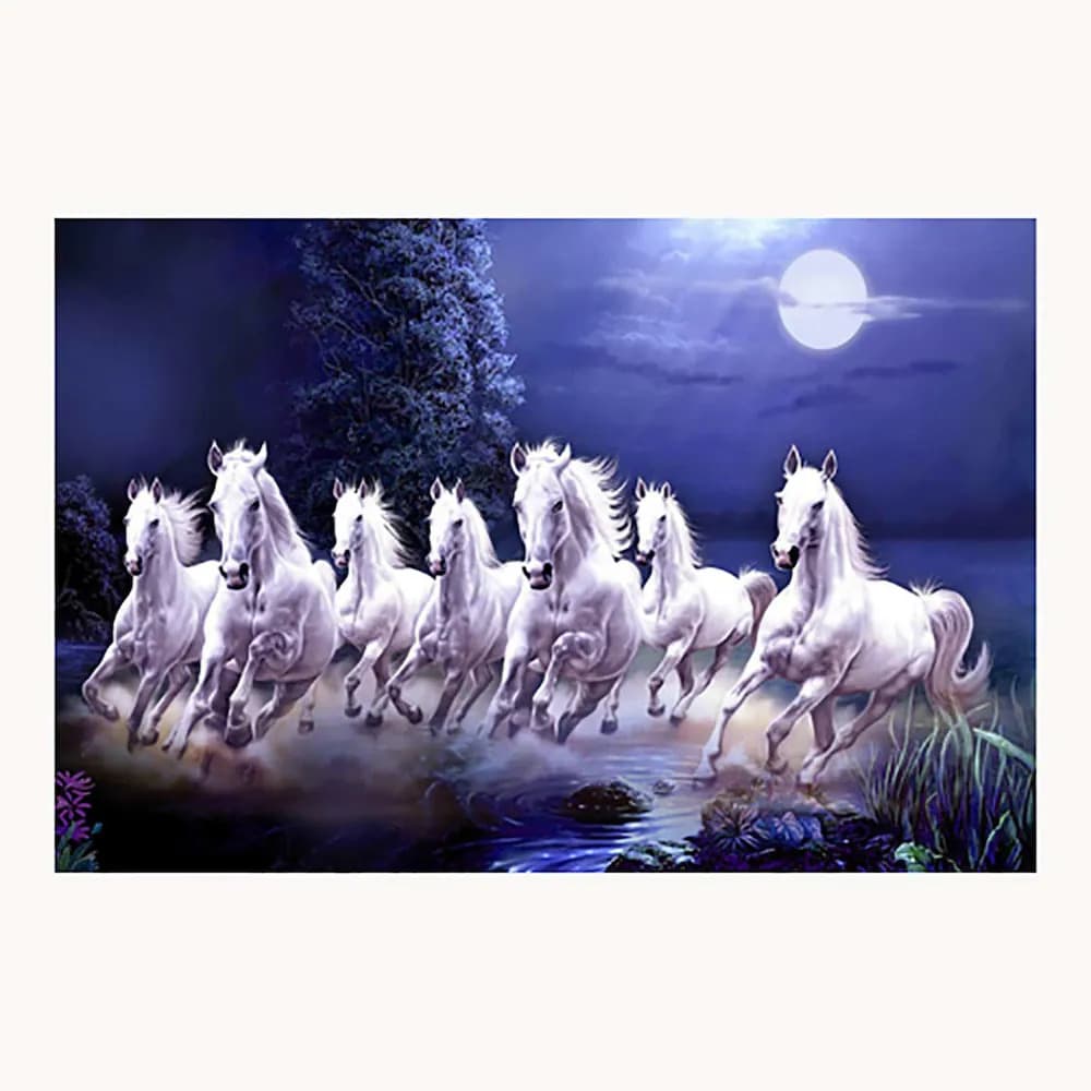 Seven Horses Blue Vinyl Frame | Vastu Art | Wall Decor