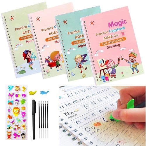 4PCS Reusable Calligraphy Copybook | Magic Practice Writing Tracing Book Set | Handwriting & Letter Practice for Kids