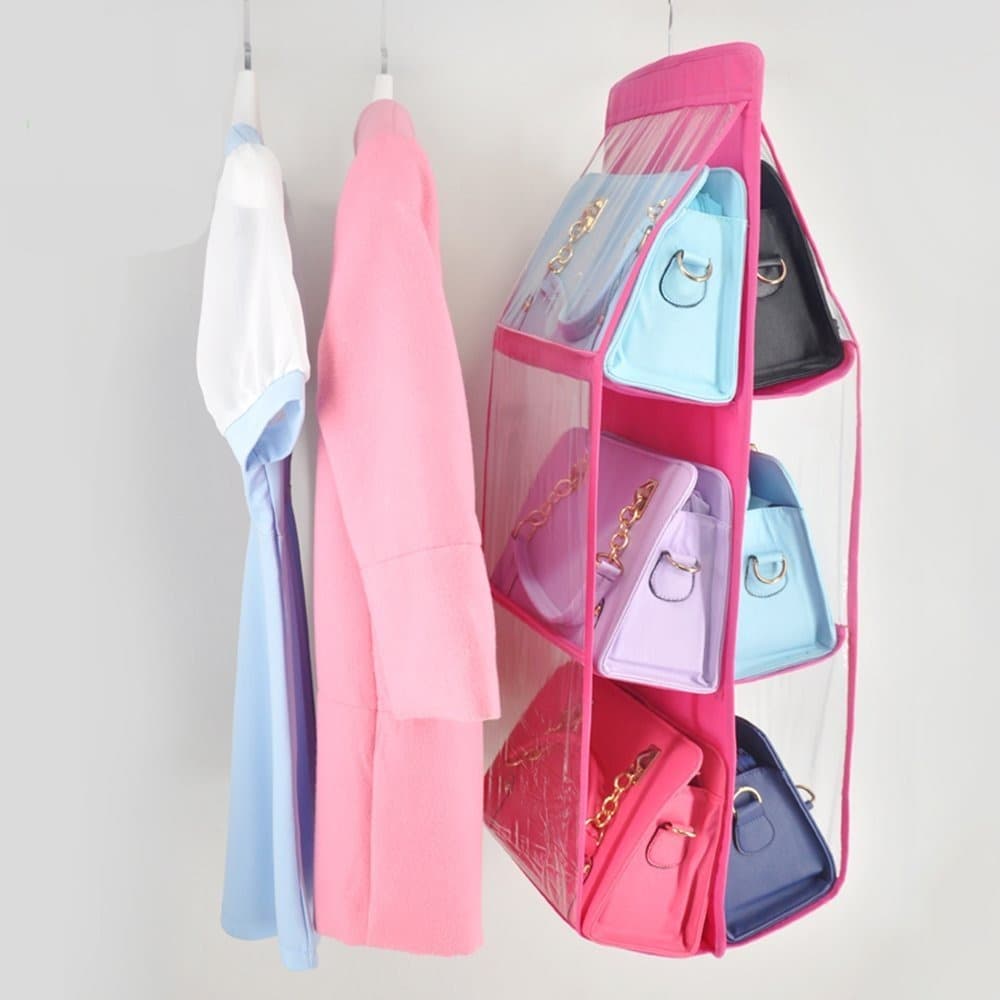 6 Pockets Clear Purse Bag Organizer | Hanging Handbag Storage Holder | Space Saver